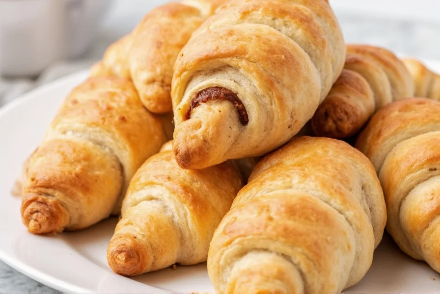 Perfectly baked cinnamon crescent rolls with golden exterior and spiral filling visible on cut section