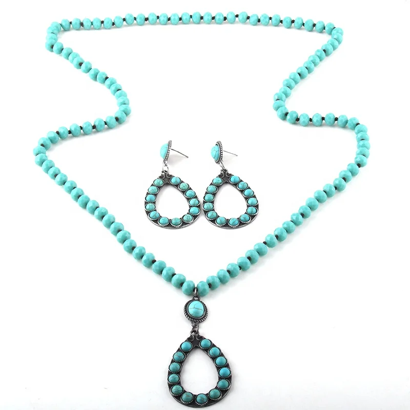 

Fashion Women White Aqua Glass beads Knotted jewelry set Turquoise Crystal Drop Pendant Glass Necklace Earring Set, 2 color