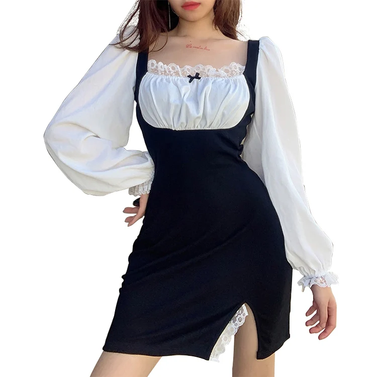 

2020 Wish New Autumn Women's Clothing Lace Contrast Square Collar Puff Sleeves Patchwork Slim Split Dresses