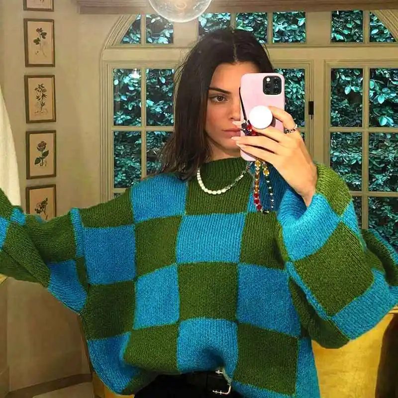 

women fall 2021 fashion knitwear Plaid Color Blocking Crew Neck sweater Pullovers women sweaters fashionable
