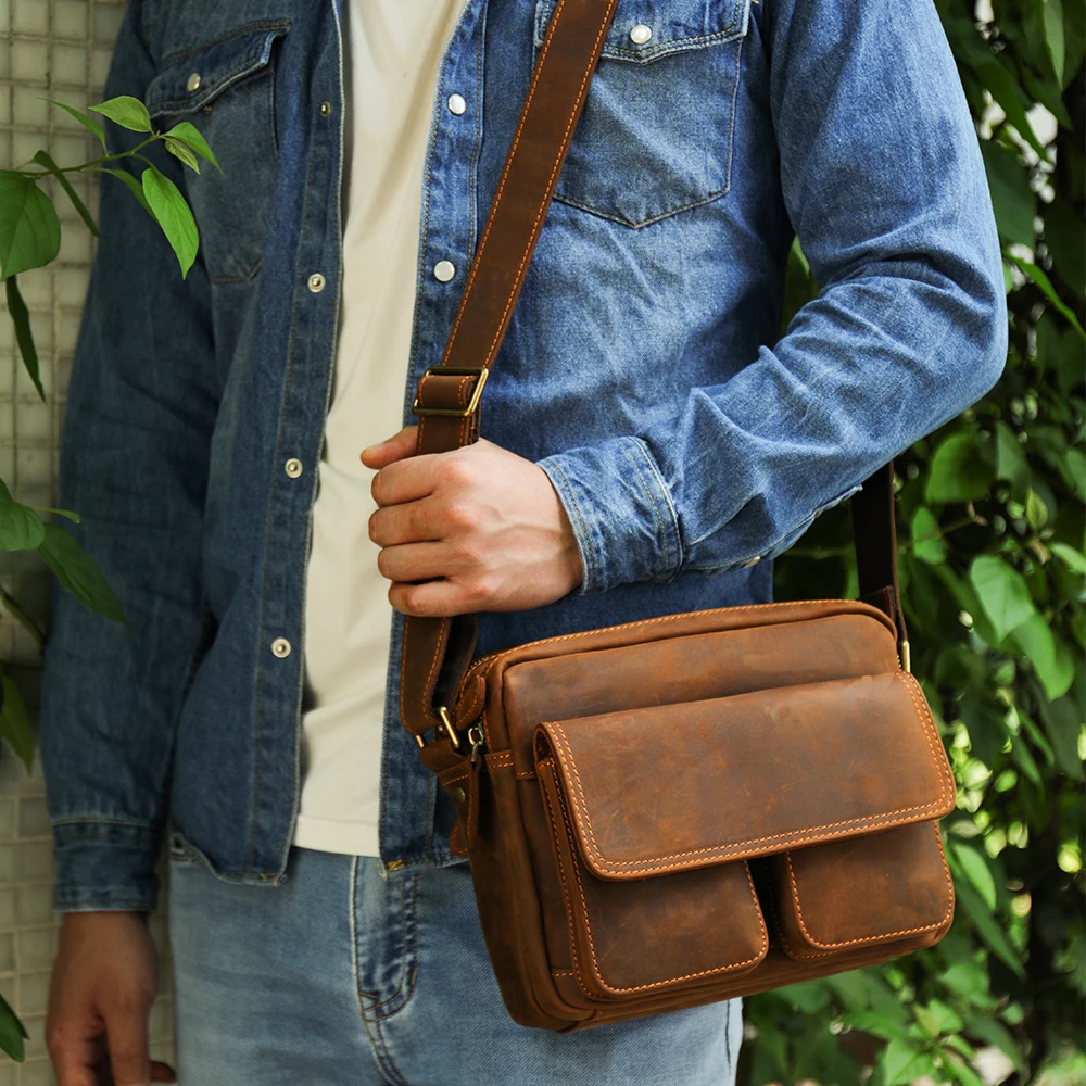 

Men's Vintage Crazy Horse Genuine Leather Shoulder Bag Flap Pocket Purse Crossbody Bags Leather Messenger Bag For Men, Coffee/dark coffee