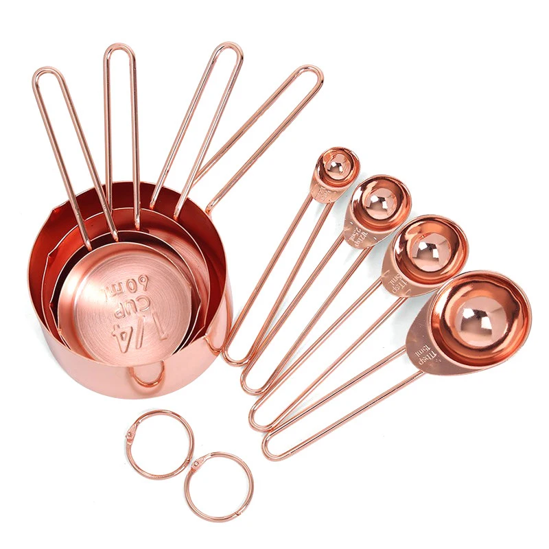 

Heavy Duty Mirror Polished Engraved Stainless Steel 8 Pieces Copper Measuring Cups And Spoons Set, Rose gold