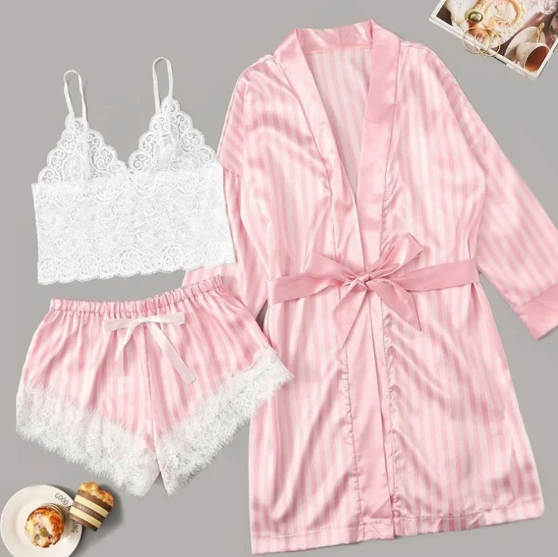 

sfy1074 New Fashion Women Silk Pajamas Sleepwear Sexy Satin Lingerie V-neck Lace Striped Shorts Set Women Underwear asian linger