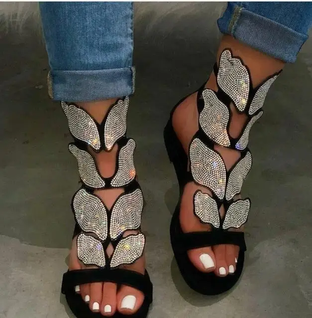 

Wholesale 2020 Style Sexy Lady New Footwear Flat Open Toe Cheap Shoes Summer Diamond Wings Shoes Sandals, Picture