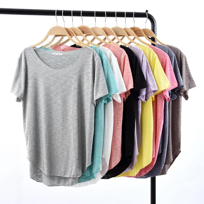 

New round neck t-shirt, short-sleeved loose Korean style mid-length, short front and back long slub compassionate