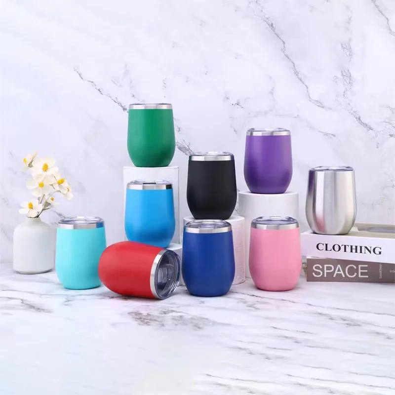 

12oz hot selling water bottle wine tumbler double wall egg shape wine mugs with lid insulated mini wine tumbler, Based pantone color number