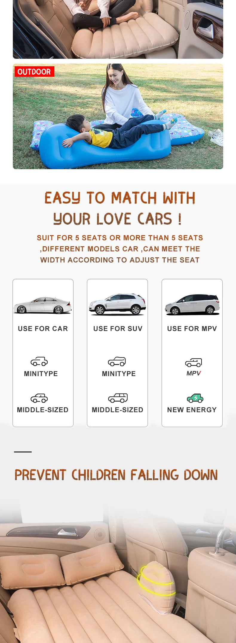 Hot Sell Comfortable PVC Flocking Travel Car air Bed Sleeping Car air Mattress Inflatable Mattress for Car