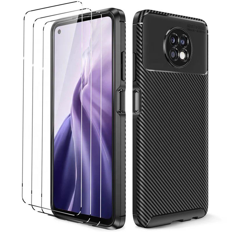 

3 Pack Screen Protector with Carbon Fiber Texture Silicone Phone Case for Xiaomi Redmi Note 9T