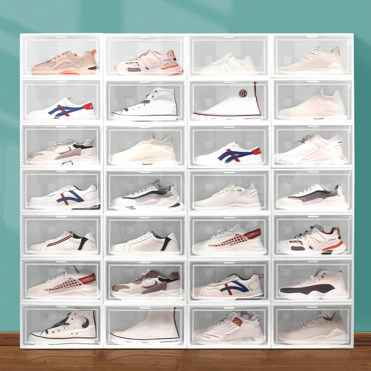 

Wholesale foldable front drop stackable magnetic transparent plastic clear shoe storage box, Transparent, white and black