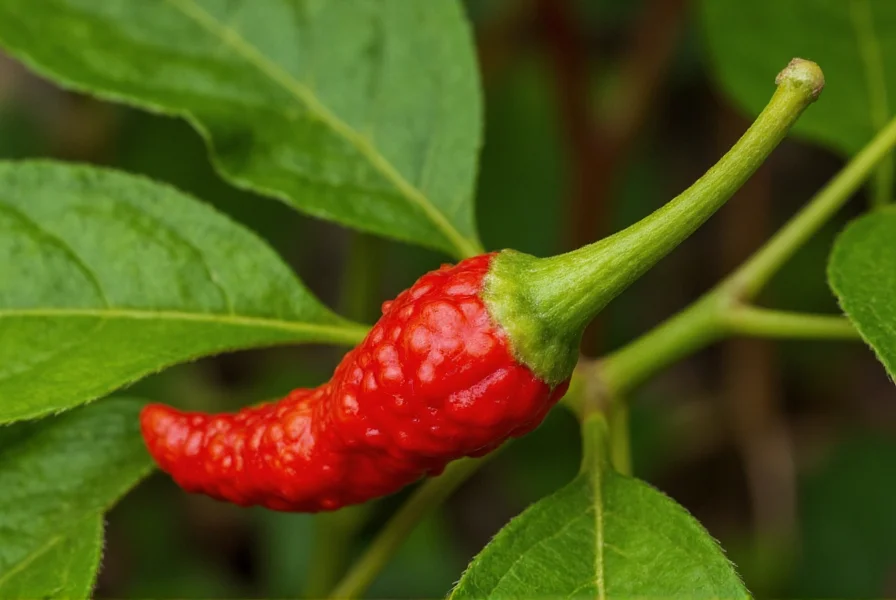 Close-up view of Carolina Reaper pepper showing characteristic stinger tail and bumpy red skin on plant