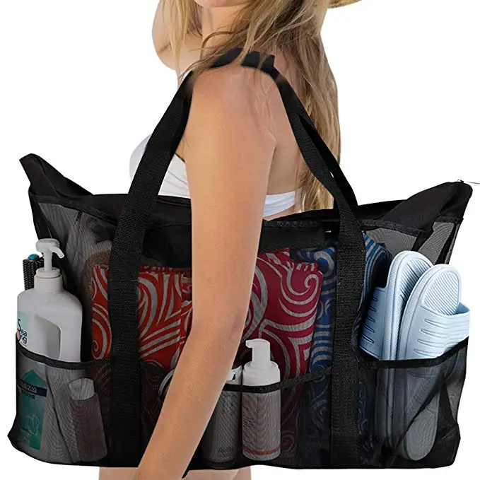 

Extra Large Beach Bags and Totes / 30" XXL Mesh Tote Bag with Pockets & Zipper, Heavy Duty Bag with Pockets Travel Totes Mesh, Black and customized color