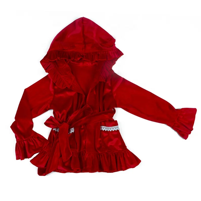 

Little girl sleepwear red velvet pajamas long elegant girl hooded robe with red tie lace nightgown