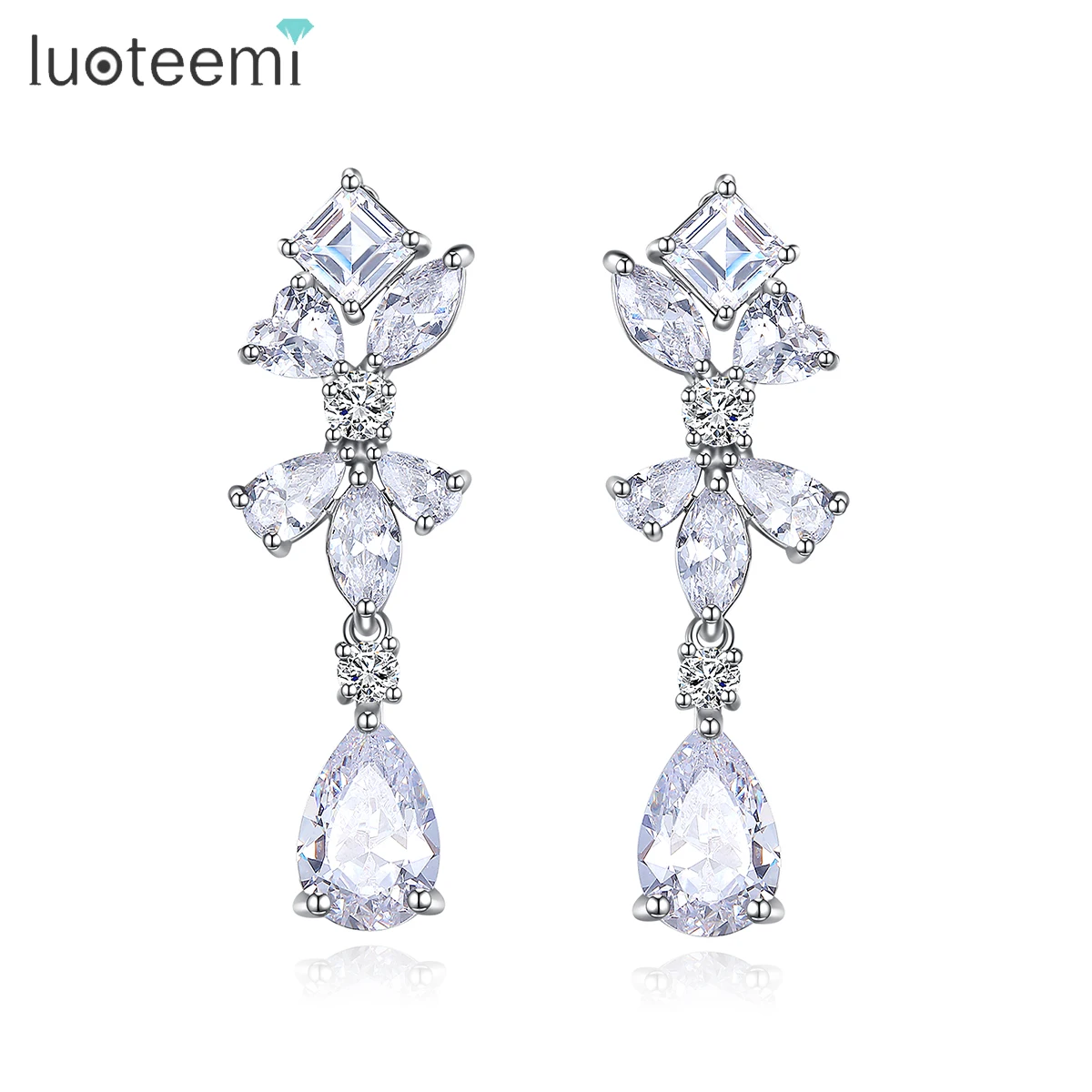

LUOTEEMI Luxury Cubic Zirconia Bridal Woman Fashion Earing Flower Diamond Drop Statement Wedding Earrings