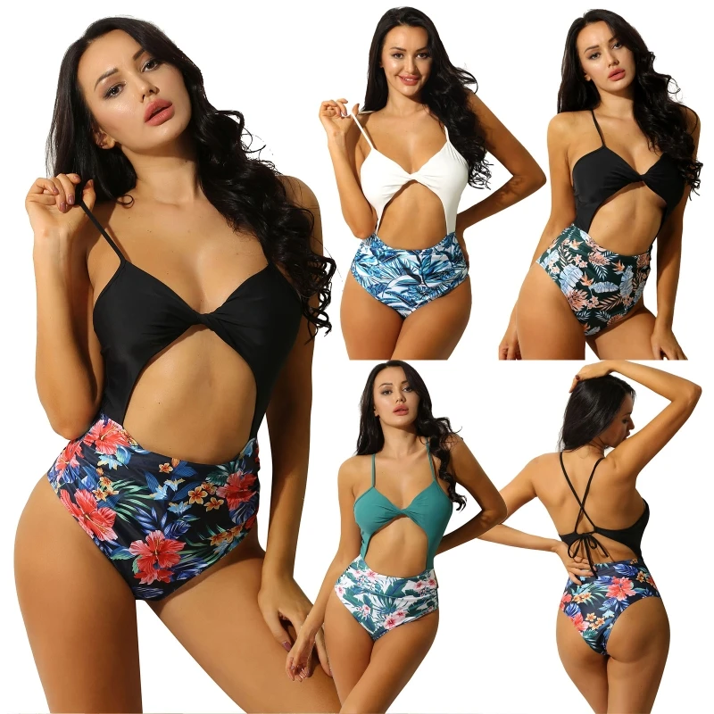 

Cheap One Piece Bikini Sleeveless Floral Print V Neck High Waist Swimsuit Bathing Suit Woman Monokini 2021