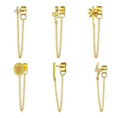 

925 Sterling Silver Lightning Tassel Earrings Snake Long Chain Earring Gold Jewelry, Gold, silver