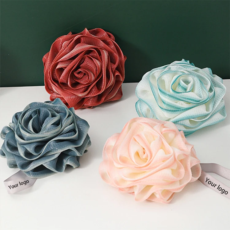 

Wholesale custom loofah sponge flower shape rose mesh pouf clean body bath shower bath ball