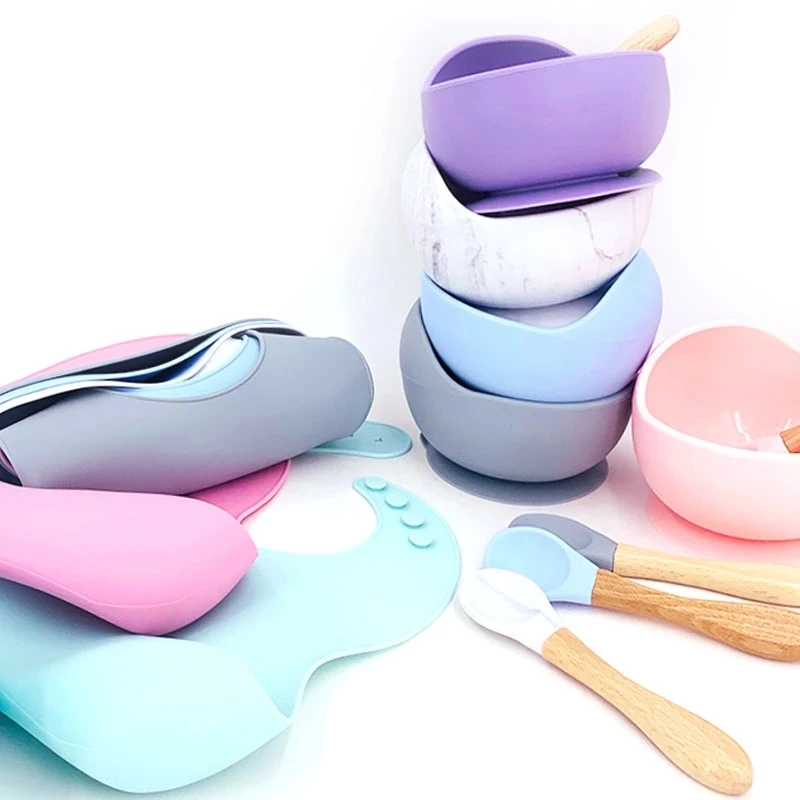 

1set Baby Silicone Bib Feeding Set Baby Bowl Spoon Cup High Quality Silicone Portable Tableware For Children Travel Cutlery Set