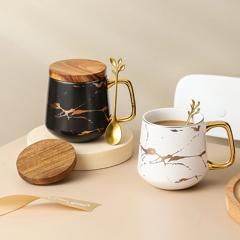 

Amazon Coffeezone 14Oz  Ceramic Marble Coffee/Tea Cups with Luxury Gold Inlay with Wooden Lid for Office & Home