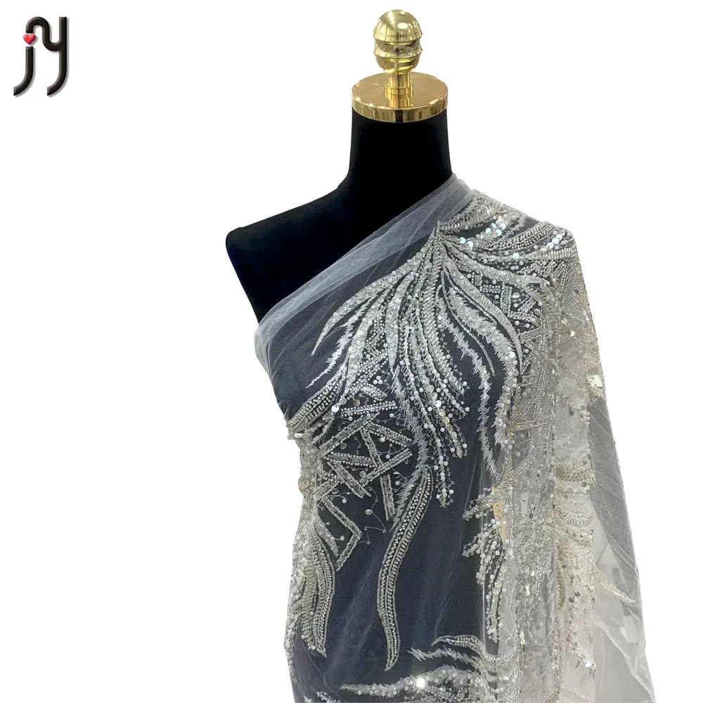 

ZX99431 New Desgin Wedding Crystal Sequin Lace Fabric Silver Nigerian White Tulle Beaded Pearl Lace Net Fabric