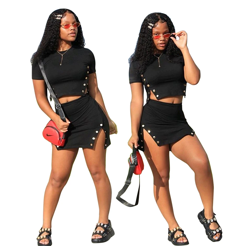 QB5131 ladies stylish black skirt and crop top two piece set