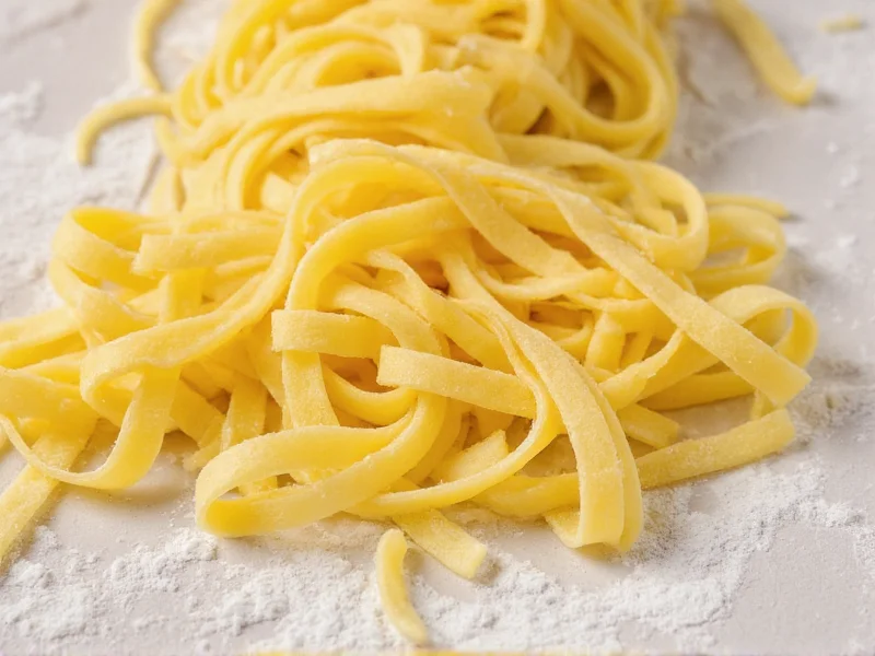 Freshly cut fettuccine pasta strands on floured surface