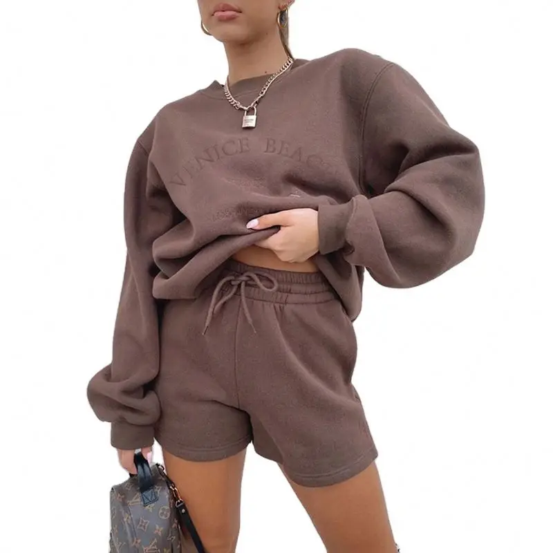 

SY Solid Color Brown Letters Crewneck Hoodies Sweatshirt and Shorts Set Women
