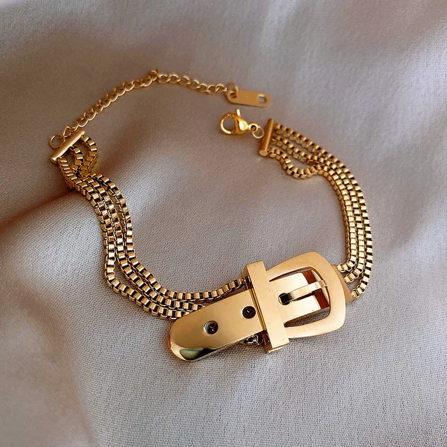 

2021New Arrival Hotsale Chunky Belt Buckle Bracelet Real Gold Plated Stainless Steel Mesh Belt Buckle Bracelet Bangle