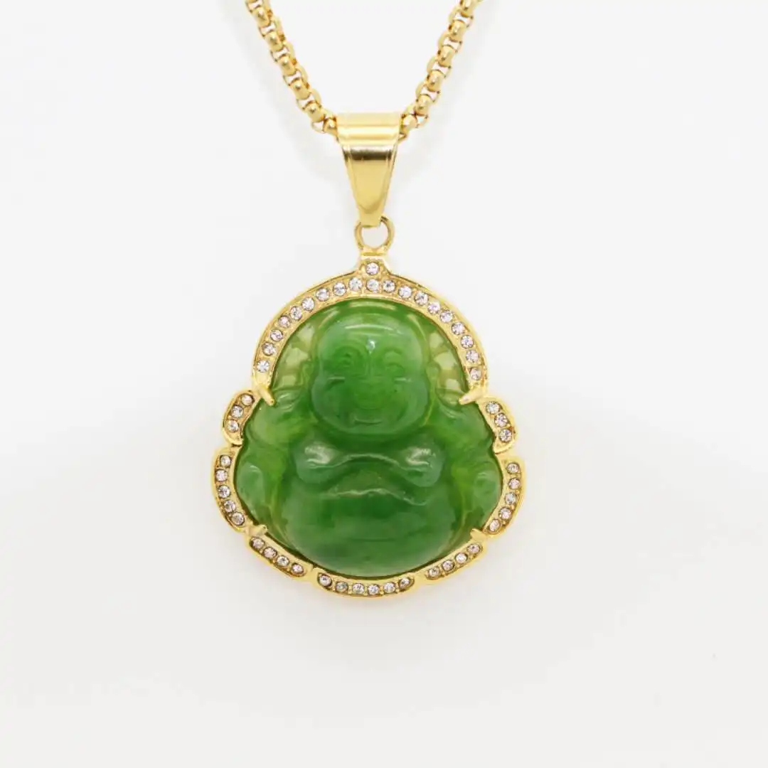 

Jialin jewelry Stainless Steel iced out mens gold plated diamond hip hop green jade buddha pendant necklace