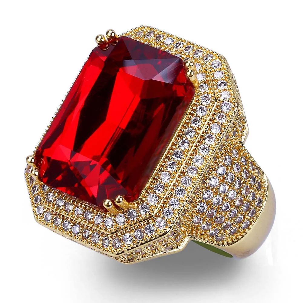 Environmental Brass Copper CZ Ring Street Dance Popular Hiphop DJ NightClub Big Red Stone Ruby Finger Rings Punk Accessories