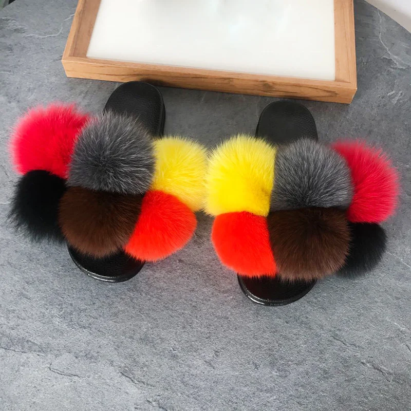 

Cute Fluffy Fur Slippers Flat Women Sandals Colorblock Outside Daily Summer Women Slippers Open Round Toe Women's Shoes, 1,2,3,4,5,6