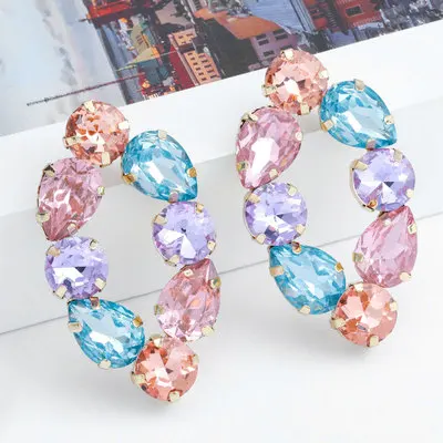 

Fashion European Simple Style Multi Colors Crystal Waterdrop Earrings Hollow Oval Gemstone Paved Stud Earrings