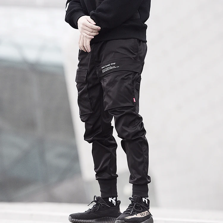 

Outdoor multi-pocket harem tech shiny track trousers streetwear homber original brand sports cargo men pants, Black