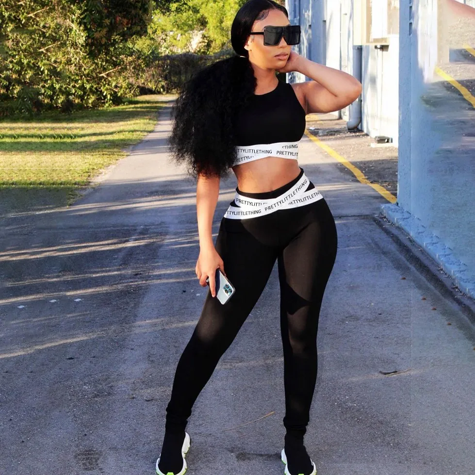 

X02816S Women Set Letter Print Sleeveless Top Sheath Elastic Full Length Pants 2 Piece Sets Tracksuit Summer Outfit Sportswear, Black