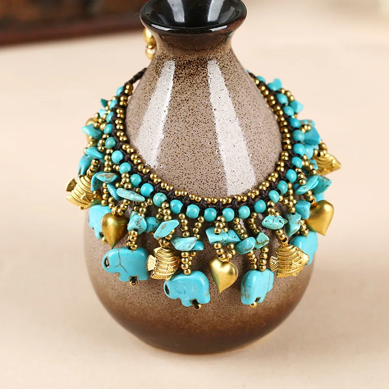 

Hot selling stone hand woven bracelet waterproof wax rope couple bracelet jewelry turquoise copper accessories