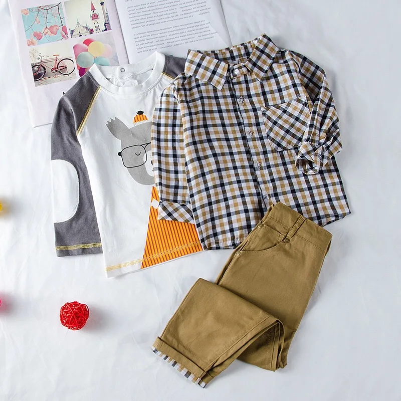 New Hot Style Children's Wear Boys' casual checked shirt + cartoon t shirt + casual Trousers 3pcs Children's clothing set