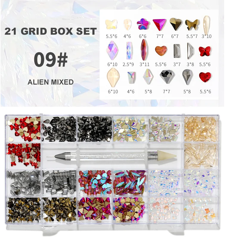 

3D Diamond 21 Grid Boxed Glass Nail Rhinestone Nail Art Mix Shape Fancy Shaped In Box Art Decoration Rhinestones, Mixed colors