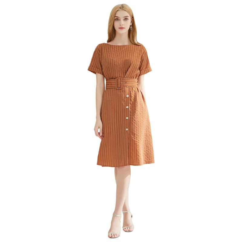 

2021 Summer Hot Sale Allure Modest Elegant Short Sleeve High Waist Belt Striped Button Down Women A-Line Casual Dresses