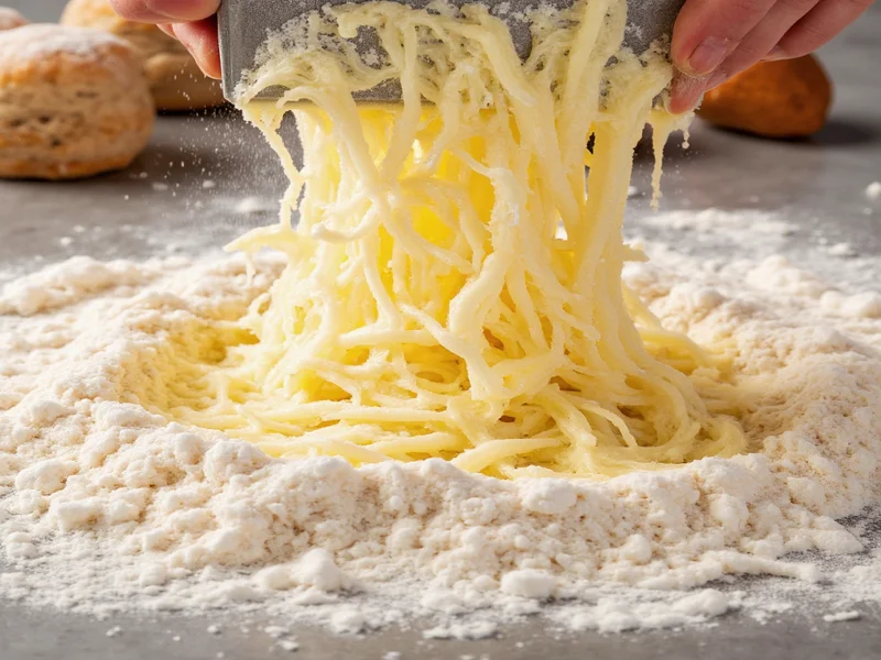 Grating frozen butter into flour for biscuit dough