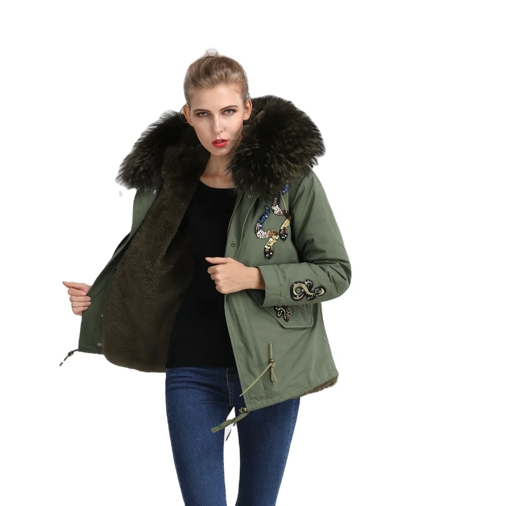 

Military Style Beaded Parka Short Faux Fur Coat For Men And Women With Black Real Fur Collar Green Outwear, Army green