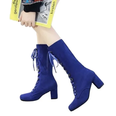

Large size women's boots Europe and America autumn winter boots  suede front lacing western boots wholesale, As shown in figure