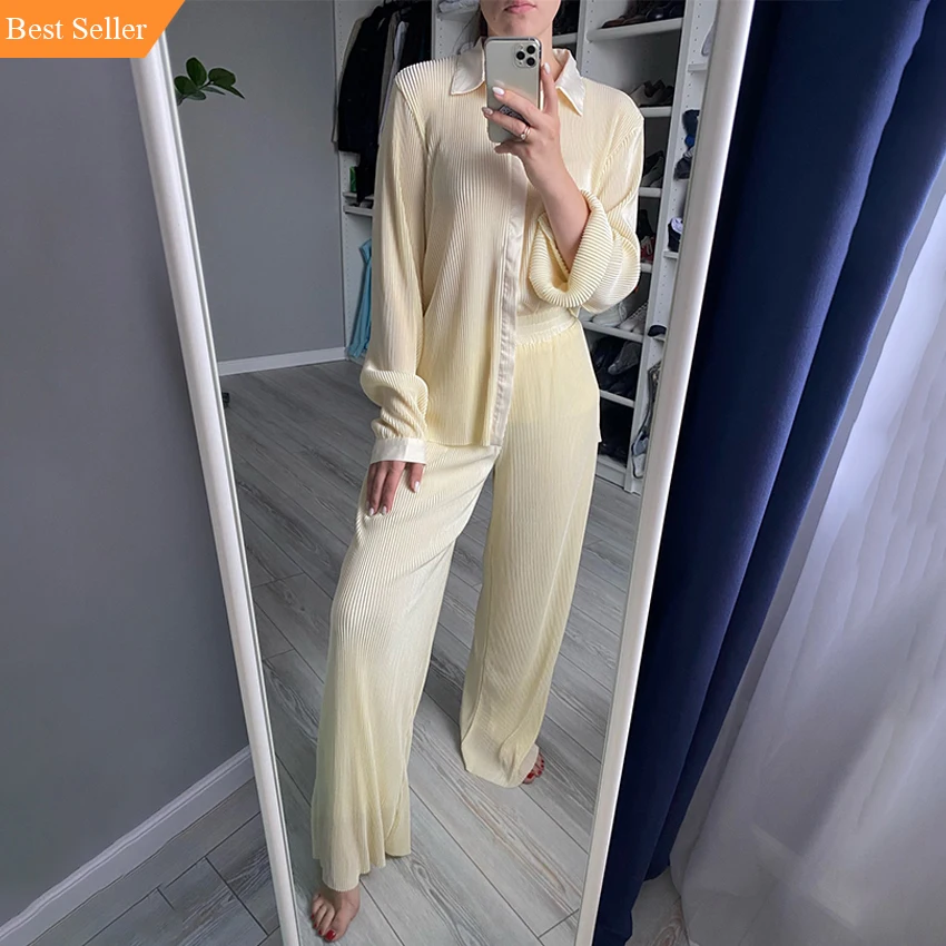 

OOTN Womens Pants Fashion 2022 Casual Loose Trousers Office Lady Elegant Long Palazzo Pants Beige Pleated Wide Leg Pants