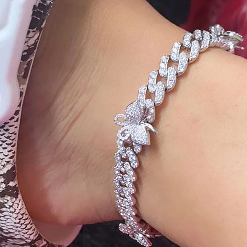 

Punk style slightly inlaid small butterfly anklet, hip hop 3 butterfly Cuban anklet, European and American buckle foot anklet, Silver
