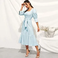 

Factory price solid color buttoned cuff flounce hem belted dress ladies long fashion dresses women elegant