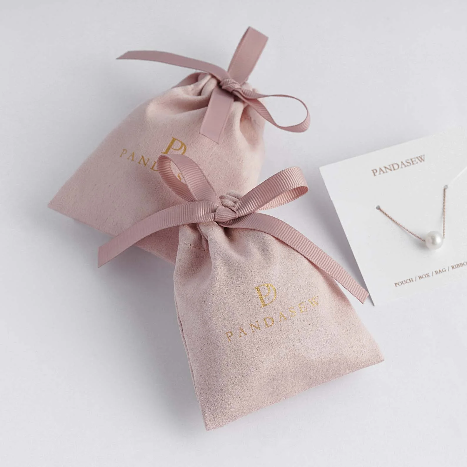 

PandaSew Custom Logo Silk Printed Suede Jewelry Pouch Gift Drawstring Bag, Customized color