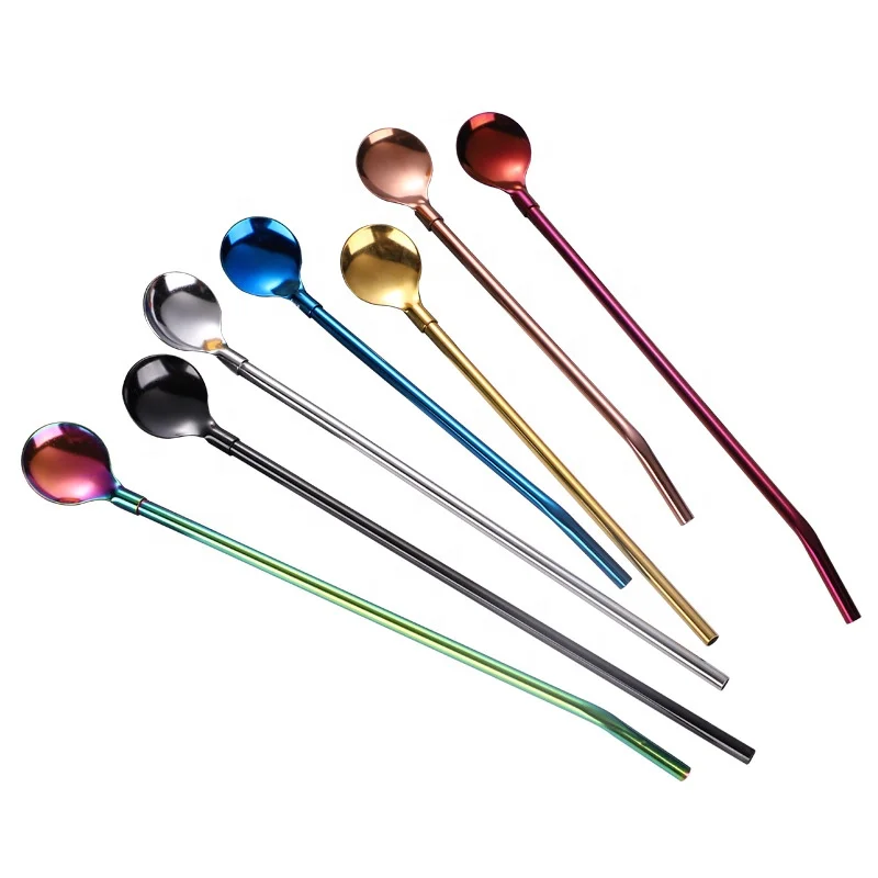

Resuable Cocktail Milk Coffee Juice Stirring Spoon Bar Metal Drinking Straw Spoon, Silver,gold,rose gold,colorful