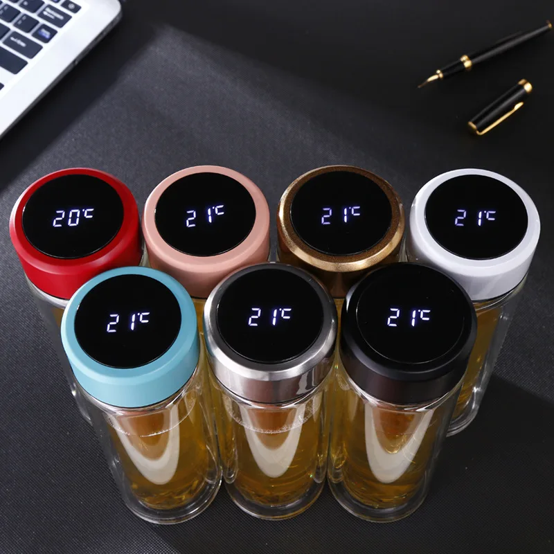 

500ml Wholesale Borosilicate Glass Water Bottle Led Temperature Insulated Double Wall Display Water Bottle Smart
