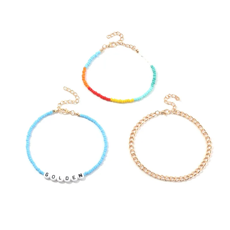 

Wholesale 3pcs Bohemian Multilayers Initial Colorful Seed Beaded Anklet Gold plated color Alloy Metal fashion Jewelry for Women