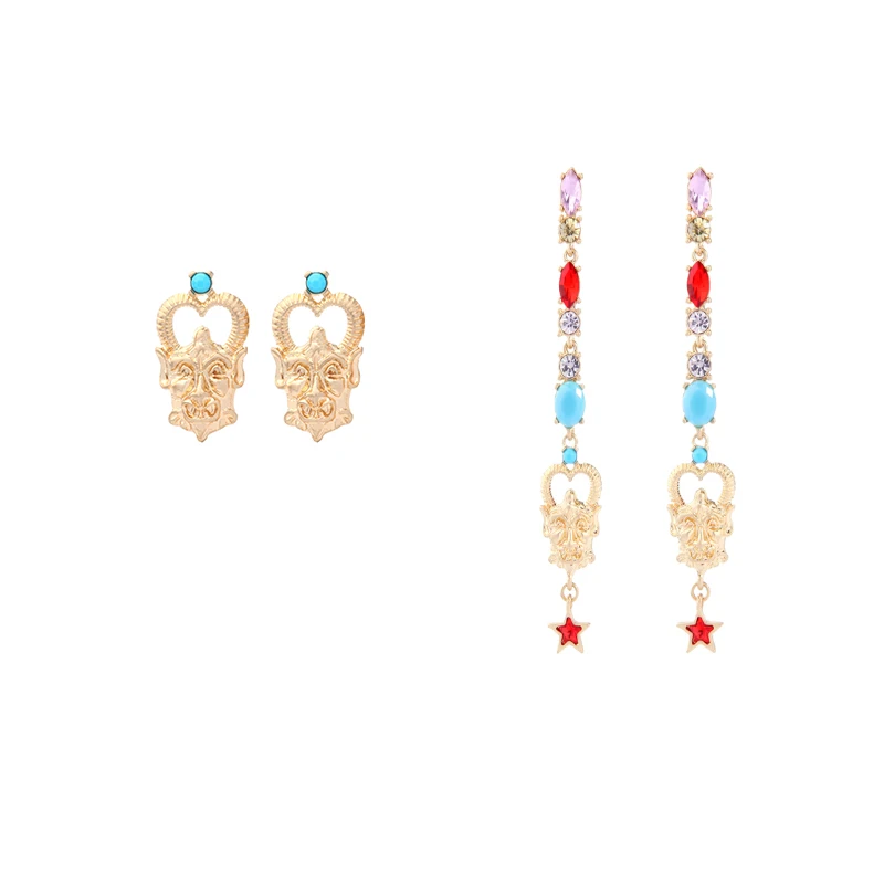 

ed00520c Ethnic Style Long Colorful Crystal Gemstone Jewelry Grimace Ghost Face Stud Statement Gold Plated Earrings