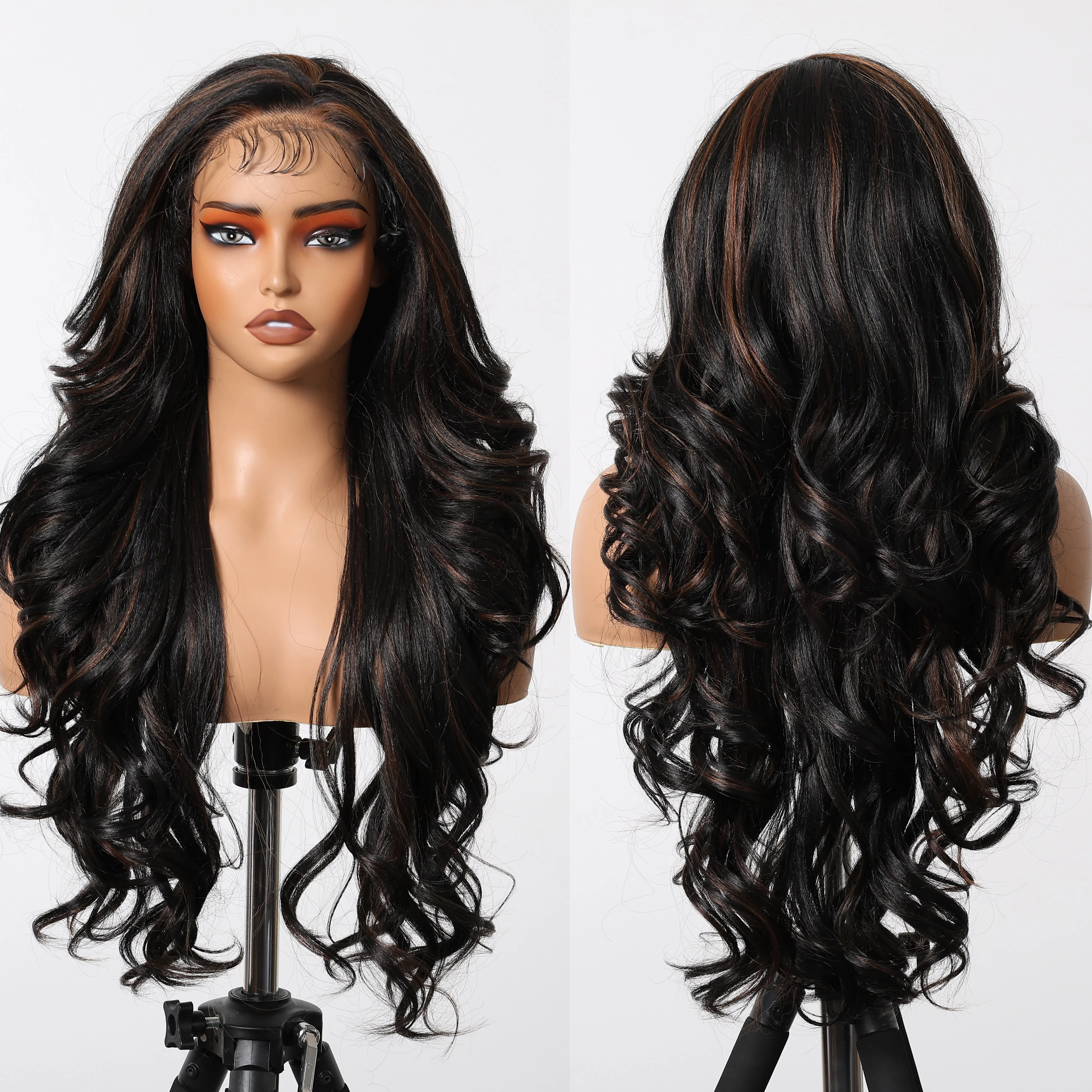 13*6 Large Area Lace Wig Synthetic Future Fiber Long Natural Multi-Layer Soft Wave Wig Color Mixing High Density Black Red
