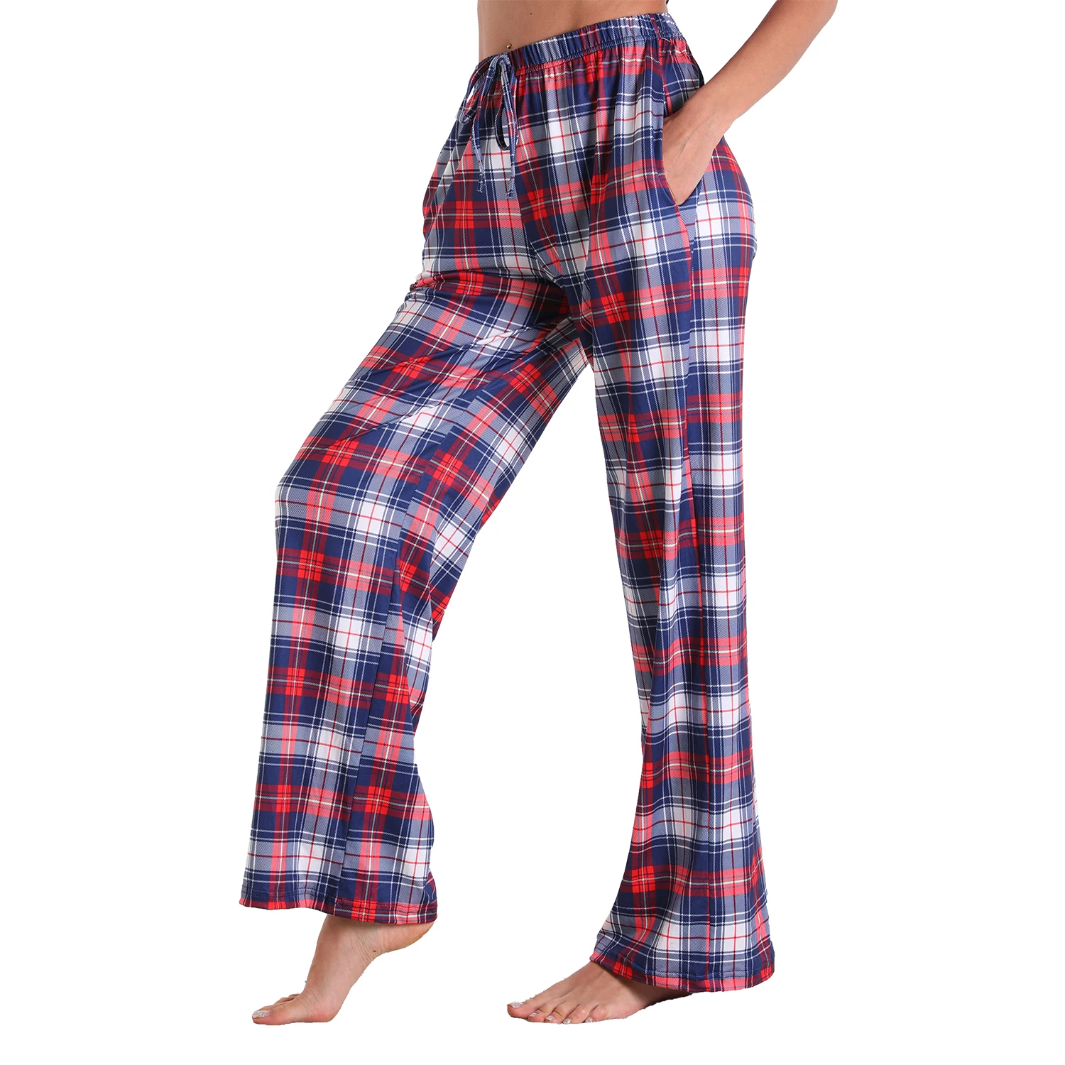 

2021 new lady stretch plaid pajama bottoms elastic waist classic women drawstring lounge pants, As the picture show